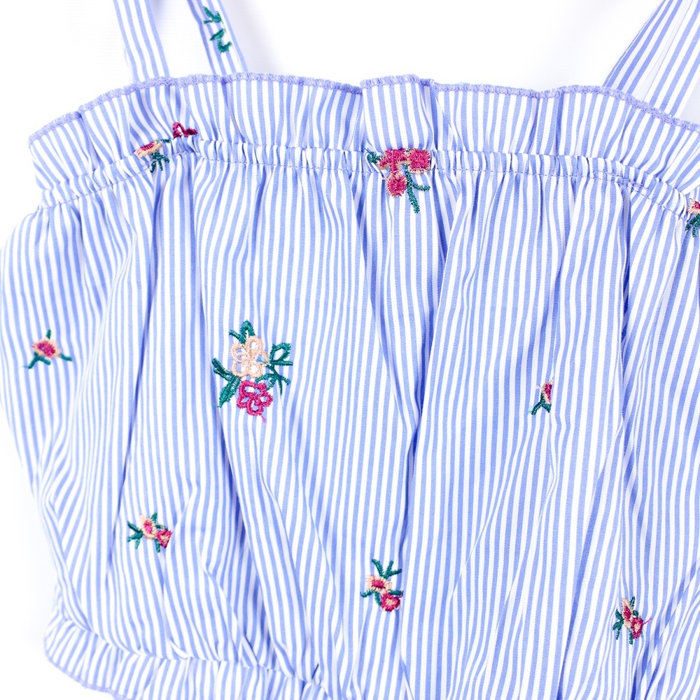 Blue Striped Floral Embroidered Ruffle Crop Top - Picture 6 of 6